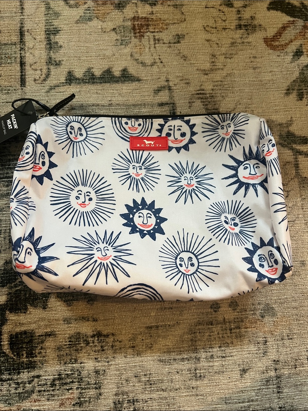 Scout White Cosmetic Pouch with Navy Sun Faces and Red Accents